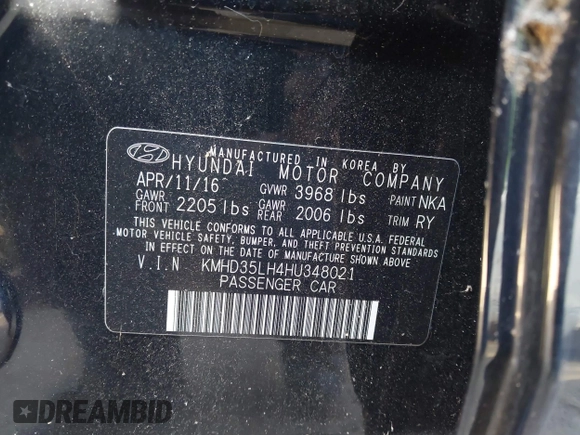 2017 Hyundai Elantra z VIN KMHD35LH4HU348021, wystawiony jako IAAI lot #41290953 z przebiegiem 41 920 mil mil oraz . Historia ofert i sprzedaży dostępna na DreamBid. Obrazek 9.