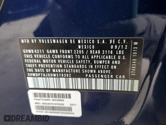 2013 Volkswagen Jetta SE with VIN 3VWDP7AJXDM379392, listed as a Copart auction lot 61598235 with 119,005 mi miles and Salvage title. Bid and sale history available at DreamBid. Image 12.