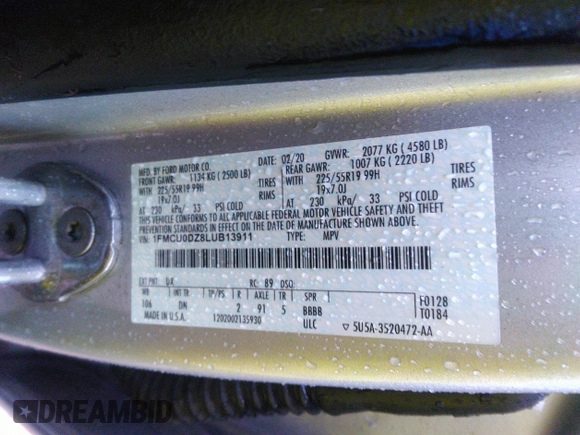 2020 Ford Escape Titanium Hybrid with VIN 1FMCU0DZ8LUB13911, listed as a IAAI auction lot 41249498 with 64,108 mi miles and . Bid and sale history available at DreamBid. Image 9.