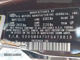 2015 Kia Optima LX with VIN 5XXGM4A70FG478819, listed as a IAAI auction lot 42571214 with 130,707 mi miles and . Bid and sale history available at DreamBid. Image 9.