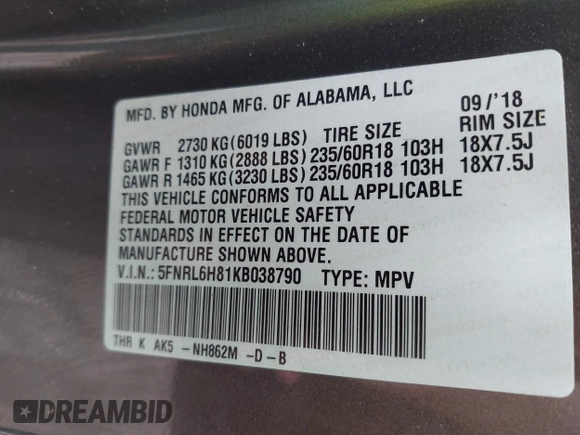 2019 Honda Odyssey Touring with VIN 5FNRL6H81KB038790, listed as a IAAI auction lot 42200190 with 131,761 mi miles and . Bid and sale history available at DreamBid. Image 9.