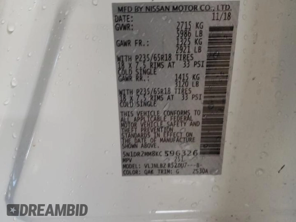 2019 Nissan Pathfinder S with VIN 5N1DR2MM8KC596326, listed as a Copart auction lot 48742555 with 71,577 mi miles and Salvage title. Bid and sale history available at DreamBid. Image 13.