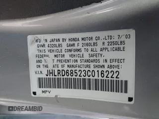 2003 Honda CR-V LX with VIN JHLRD68523C016222, listed as a IAAI auction lot 42089030 with 160,280 mi miles and . Bid and sale history available at DreamBid. Image 9.