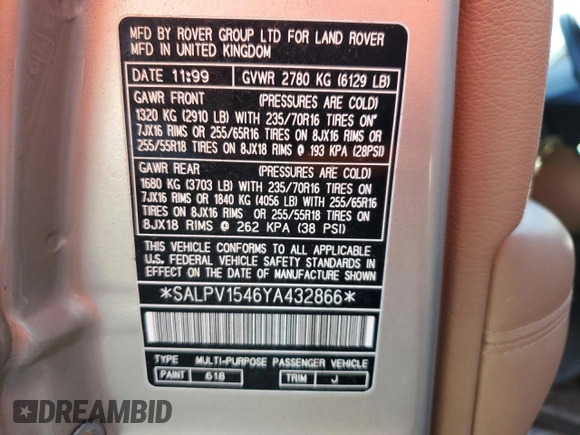 2000 Land Rover Range Rover with VIN SALPV1546YA432866, listed as a Copart auction lot 72261114 with 69,461 mi miles and Non repairable. Bid and sale history available at DreamBid. Image 13.