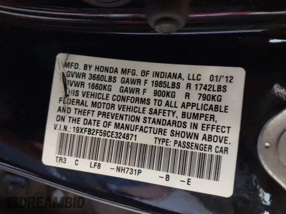 2012 Honda Civic LX с VIN 19XFB2F59CE324871, выставлен на аукционе IAAI как лот 42200864 с пробегом 216 322 миль миль и . История ставок и продаж доступна на DreamBid. Изображение 9.