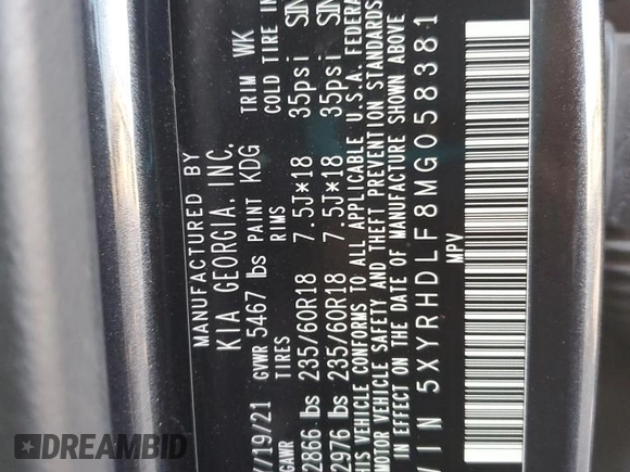 2021 Kia Sorento EX with VIN 5XYRHDLF8MG058381, listed as a Copart auction lot 88867695 with 46,091 mi miles and Salvage Title. Bid and sale history available at DreamBid. Image 15.