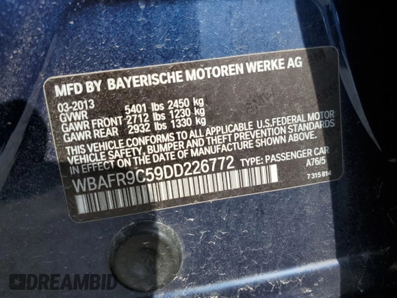 2013 BMW 5 Series 550i with VIN WBAFR9C59DD226772, listed as a Copart auction lot 50643795 with 117,277 mi miles and Clean Title. Bid and sale history available at carsss.com. Image 12.