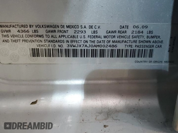 2010 Volkswagen Jetta S with VIN 3VWJX7AJ0AM002486, listed as a Copart auction lot 44624925 with 140,248 mi miles and Salvage title. Bid and sale history available at DreamBid. Image 12.