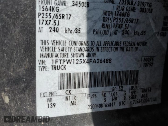 2004 Ford F-150 XLT z VIN 1FTPW125X4FA26488, wystawiony jako Copart lot #58966605 z przebiegiem Nie podano mil oraz Czysty tytuł • Clean title. Historia ofert i sprzedaży dostępna na DreamBid. Obrazek 12.
