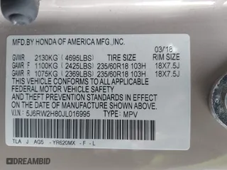 2018 Honda CR-V EX-L with VIN 5J6RW2H80JL016995, listed as a IAAI auction lot 41667349 with 68,453 mi miles. Bid and sale history available at carsss.com. Image 9.