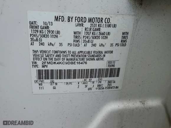 2013 Ford Edge Limited with VIN 2FMDK4KC9DBE16476, listed as a Copart auction lot 53928995 with 213,335 mi miles and Clean Title. Bid and sale history available at carsss.com. Image 12.
