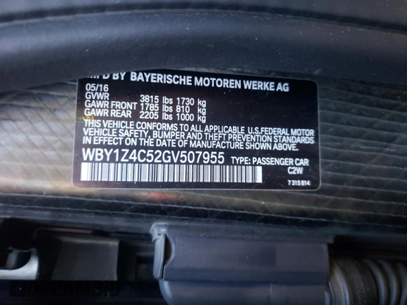 2016 BMW i3 z VIN WBY1Z4C52GV507955, wystawiony jako Copart lot #88015335 z przebiegiem 81 152 mil mil oraz Czysty tytuł • Clean title. Historia ofert i sprzedaży dostępna na DreamBid. Obrazek 12.