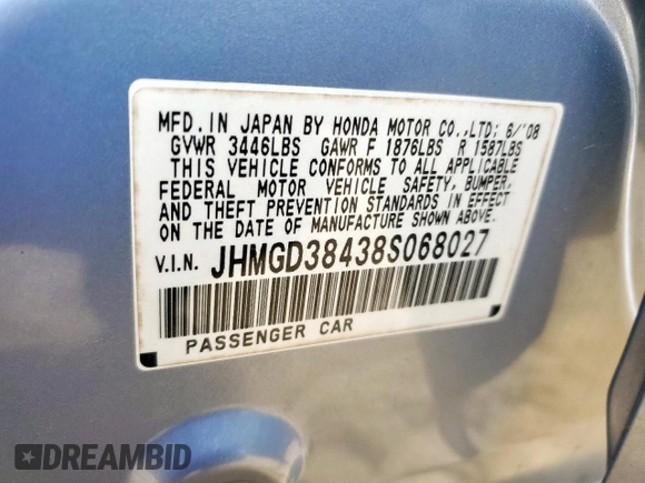 2008 Honda Fit with VIN JHMGD38438S068027, listed as a Copart auction lot 61033815 with 151,639 mi miles and Salvage title. Bid and sale history available at DreamBid. Image 13.