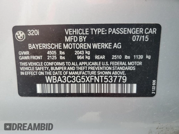 2015 BMW 3 Series 320i xDrive with VIN WBA3C3G5XFNT53779, listed as a Copart auction lot 59126795 with 63,906 mi miles and Salvage title. Bid and sale history available at DreamBid. Image 13.