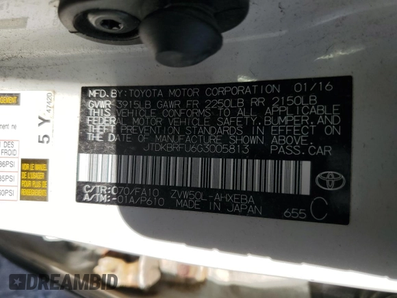 2016 Toyota Prius Two z VIN JTDKBRFU6G3005813, wystawiony jako Copart lot #49085555 z przebiegiem 116 509 mil mil oraz Szkoda całkowita • Salvage title. Historia ofert i sprzedaży dostępna na DreamBid. Obrazek 12.
