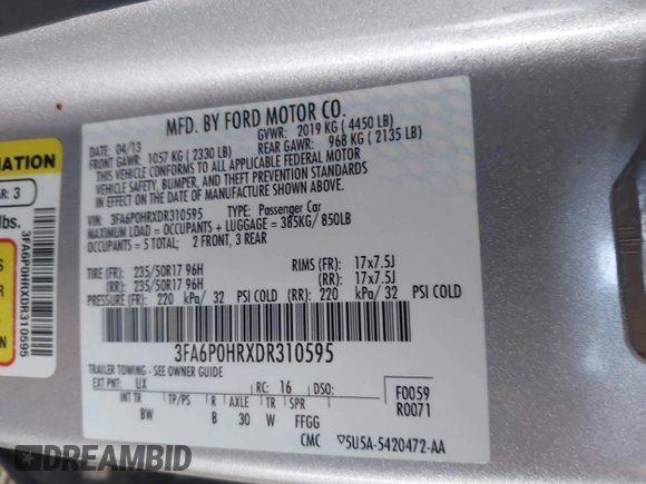 2013 Ford Fusion SE with VIN 3FA6P0HRXDR310595, listed as a IAAI auction lot 42610163 with 224,250 mi miles and . Bid and sale history available at DreamBid. Image 9.