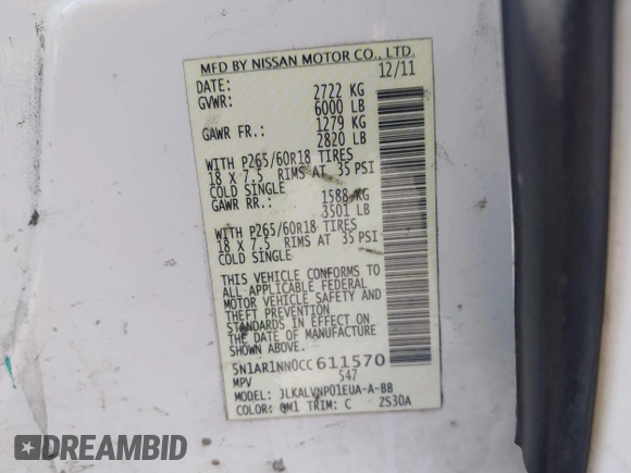 2012 Nissan Pathfinder Silver Edition with VIN 5N1AR1NN0CC611570, listed as a IAAI auction lot 42675124 with 217,542 mi miles and . Bid and sale history available at DreamBid. Image 9.