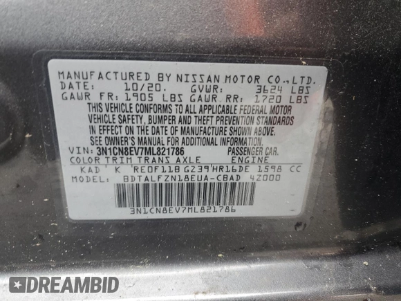 2021 Nissan Versa SV z VIN 3N1CN8EV7ML821786, wystawiony jako Copart lot #56646685 z przebiegiem 73 121 mil mil oraz Szkoda całkowita • Salvage title. Historia ofert i sprzedaży dostępna na DreamBid. Obrazek 13.