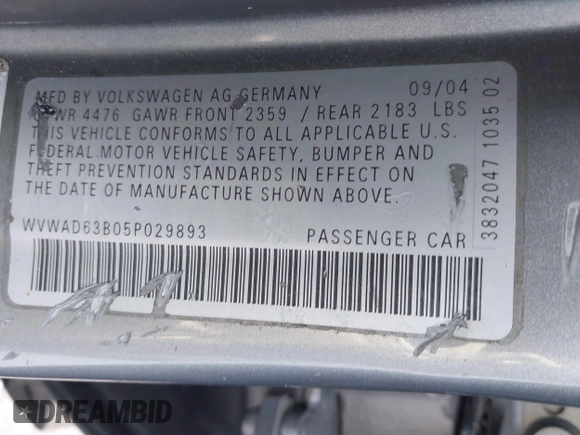 2005 Volkswagen Passat GLS with VIN WVWAD63B05P029893, listed as a IAAI auction lot 42451294 with 101,920 mi miles and . Bid and sale history available at DreamBid. Image 9.