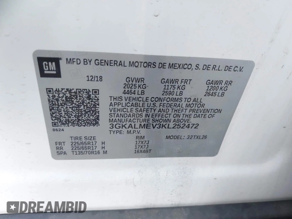 2019 GMC Terrain SLE z VIN 3GKALMEV3KL252472, wystawiony jako IAAI lot #41924804 z przebiegiem 84 412 mil mil oraz . Historia ofert i sprzedaży dostępna na DreamBid. Obrazek 9.