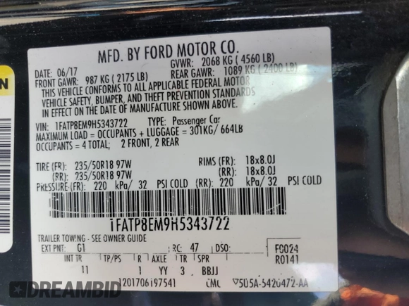 2017 Ford Mustang V6 with VIN 1FATP8EM9H5343722, listed as a Copart auction lot 56853995 with 170,646 mi miles and Salvage title. Bid and sale history available at DreamBid. Image 12.