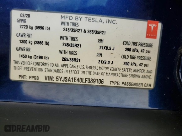 2020 Tesla Model S Performance with VIN 5YJSA1E40LF389106, listed as a Copart auction lot 74157584 with 0 mi miles and Salvage Title. Bid and sale history available at carsss.com. Image 14.