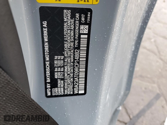 2024 BMW 4 Series 430i z VIN WBA23AT09RCP14882, wystawiony jako Copart lot #84880374 z przebiegiem 17 979 mil mil oraz Szkoda całkowita • Salvage title. Historia ofert i sprzedaży dostępna na DreamBid. Obrazek 12.