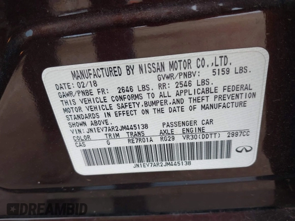 2018 Infiniti Q50 3.0t Luxe with VIN JN1EV7AR2JM445138, listed as a IAAI auction lot 41851019 with 75,018 mi miles. Bid and sale history available at carsss.com. Image 9.