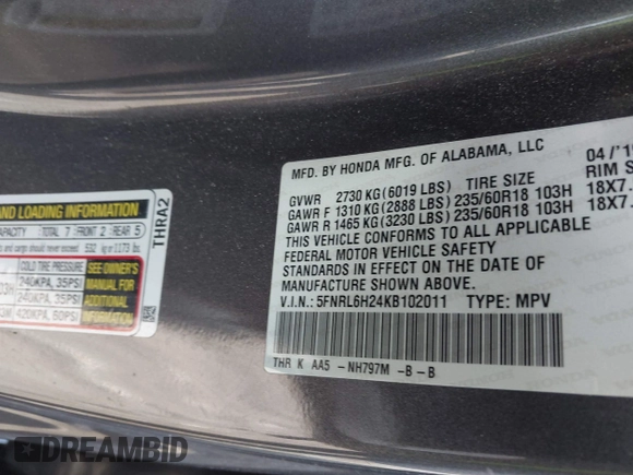 2019 Honda Odyssey LX с VIN 5FNRL6H24KB102011, выставлен на аукционе IAAI как лот 42142131 с пробегом Не указан миль и . История ставок и продаж доступна на DreamBid. Изображение 9.
