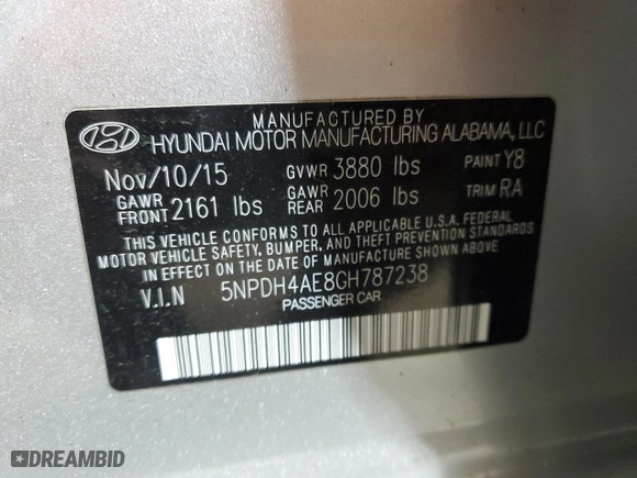 2016 Hyundai Elantra SE with VIN 5NPDH4AE8GH787238, listed as a Copart auction lot 53942105 with 92,324 mi miles and Salvage Title. Bid and sale history available at carsss.com. Image 12.