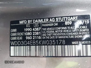 2019 Mercedes-Benz A 220 with VIN WDD3G4EB5KW035178, listed as a IAAI auction lot 41762694 with 68,851 mi miles and . Bid and sale history available at DreamBid. Image 9.