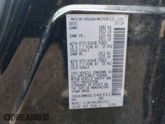 2014 Infiniti QX60 with VIN 5N1AL0MM3EC546351, listed as a IAAI auction lot 42196214 with 199,071 mi miles and . Bid and sale history available at DreamBid. Image 9.
