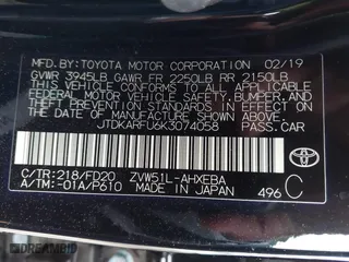 2019 Toyota Prius L Eco with VIN JTDKARFU6K3074058, listed as a IAAI auction lot 41741499 with 70,834 mi miles. Bid and sale history available at carsss.com. Image 9.