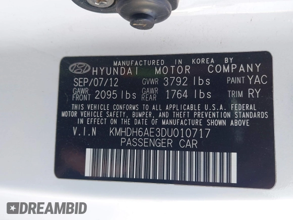 2013 Hyundai Elantra Coupe SE with VIN KMHDH6AE3DU010717, listed as a IAAI auction lot 41832406 with 232,929 mi miles. Bid and sale history available at carsss.com. Image 9.