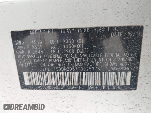 2015 Subaru Legacy Premium with VIN 4S3BNBD67F3025375, listed as a IAAI auction lot 42177333 with 200,923 mi miles and . Bid and sale history available at DreamBid. Image 9.