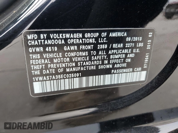 2014 Volkswagen Passat S with VIN 1VWAS7A35EC025091, listed as a Copart auction lot 41973605 with 86,497 mi miles and Salvage Title. Bid and sale history available at carsss.com. Image 12.