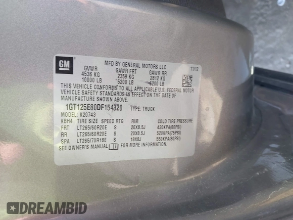 2013 GMC Sierra 2500HD Denali with VIN 1GT125E80DF154320, listed as a IAAI auction lot 42264742 with 171,013 mi miles and . Bid and sale history available at DreamBid. Image 9.