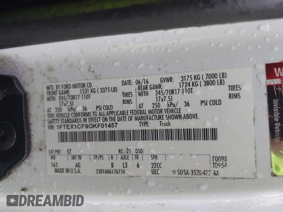 2016 Ford F-150 XL with VIN 1FTEX1CF9GKF01457, listed as a IAAI auction lot 42081417 with 94,311 mi miles and . Bid and sale history available at DreamBid. Image 9.
