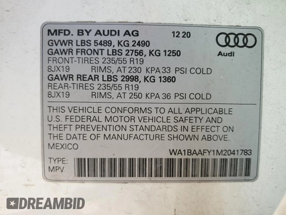 2021 Audi Q5 Premium Plus z VIN WA1BAAFY1M2041783, wystawiony jako Copart lot #48196285 z przebiegiem Nie podano mil oraz Szkoda całkowita • Salvage title. Historia ofert i sprzedaży dostępna na DreamBid. Obrazek 13.