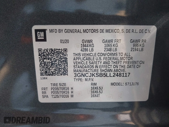 2020 Chevrolet Trax LS with VIN 3GNCJKSB5LL248117, listed as a IAAI auction lot 42390108 with 111,852 mi miles and . Bid and sale history available at DreamBid. Image 9.