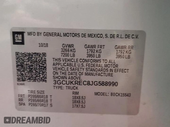 2018 Chevrolet Silverado 1500 LT with VIN 3GCUKREC8JG588990, listed as a Copart auction lot 51463175 with 101,602 mi miles and Salvage Title. Bid and sale history available at carsss.com. Image 13.
