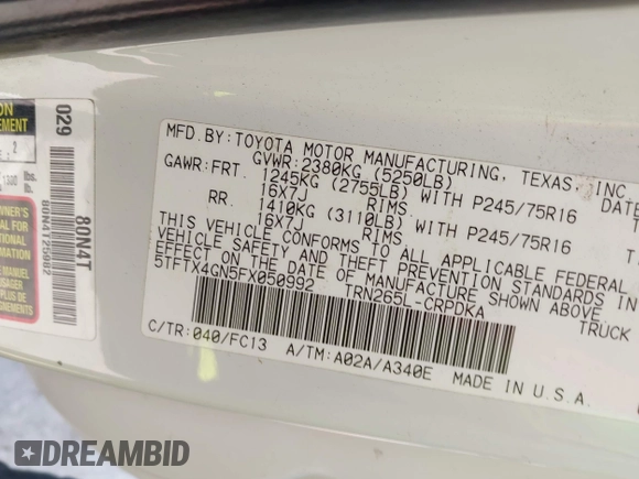 2015 Toyota Tacoma PreRunner with VIN 5TFTX4GN5FX050992, listed as a IAAI auction lot 42655156 with 66,502 mi miles and . Bid and sale history available at DreamBid. Image 9.