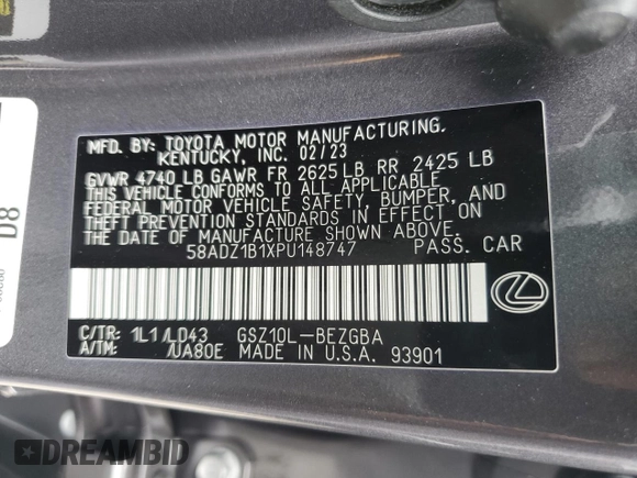 2023 Lexus ES 350 with VIN 58ADZ1B1XPU148747, listed as a Copart auction lot 49619555 with 23,420 mi miles and Salvage Title. Bid and sale history available at DreamBid. Image 12.