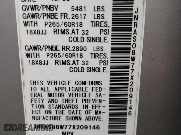 2007 Infiniti FX with VIN JNRAS08W77X209146, listed as a Copart auction lot 70104674 with 140,548 mi miles and Clean Title. Bid and sale history available at DreamBid. Image 13.