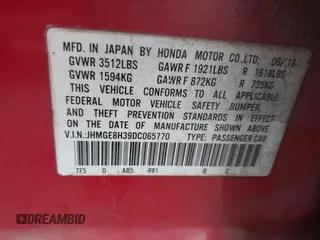 2013 Honda Fit with VIN JHMGE8H39DC065770, listed as a IAAI auction lot 42024432 with 67,267 mi miles. Bid and sale history available at carsss.com. Image 9.