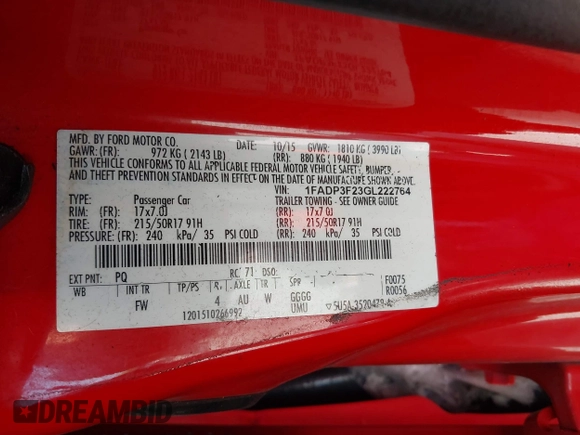 2016 Ford Focus SE with VIN 1FADP3F23GL222764, listed as a IAAI auction lot 42553326 with 151,275 mi miles and . Bid and sale history available at DreamBid. Image 9.