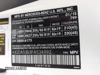 2015 Mercedes-Benz M 350 with VIN 4JGDA5JB3FA534992, listed as a IAAI auction lot 41885667 with 110,289 mi miles and . Bid and sale history available at DreamBid. Image 9.