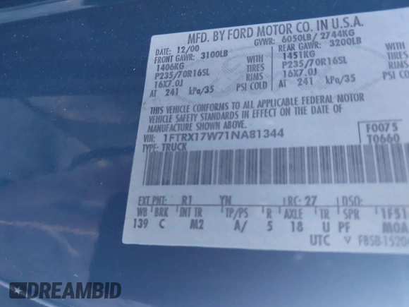 2001 Ford F-150 XL with VIN 1FTRX17W71NA81344, listed as a IAAI auction lot 41840571 with 143,938 mi miles and . Bid and sale history available at DreamBid. Image 9.