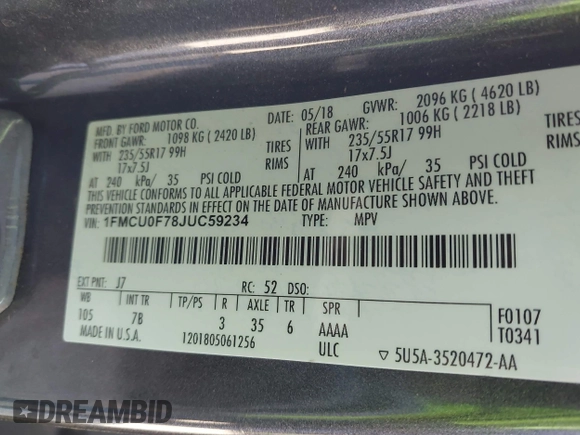 2018 Ford Escape S with VIN 1FMCU0F78JUC59234, listed as a IAAI auction lot 41375959 with 123,043 mi miles and . Bid and sale history available at carsss.com. Image 9.