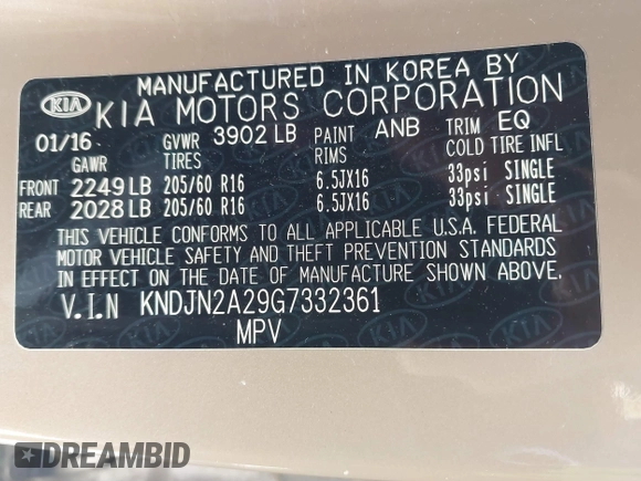 2016 Kia Soul with VIN KNDJN2A29G7332361, listed as a IAAI auction lot 41804003 with 134,744 mi miles and . Bid and sale history available at DreamBid. Image 9.